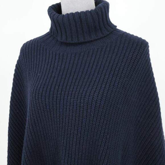Loft Poncho Sweater Petites MP PM Navy Blue Ribbed Knit Turtleneck Open Sides - Picture 8 of 13